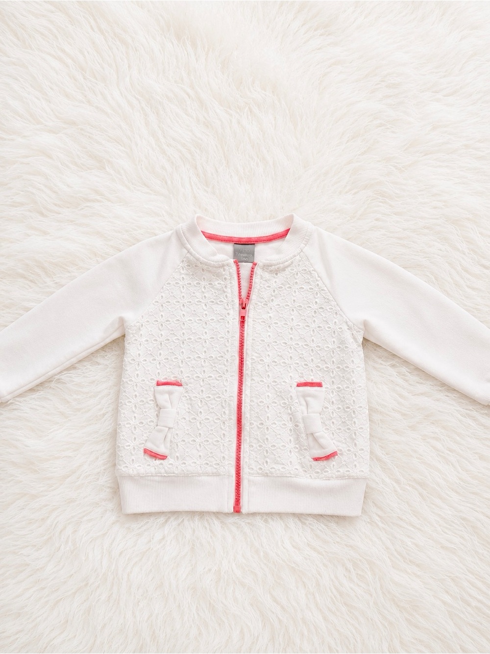 Tahari White Eyelet Zip Jacket with Pink Trim